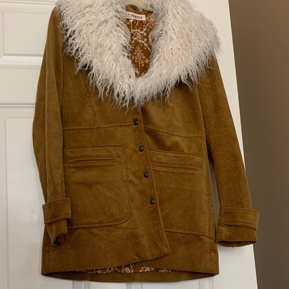 Free People Brown Corduroy Jacket with White Faux Fur Collar